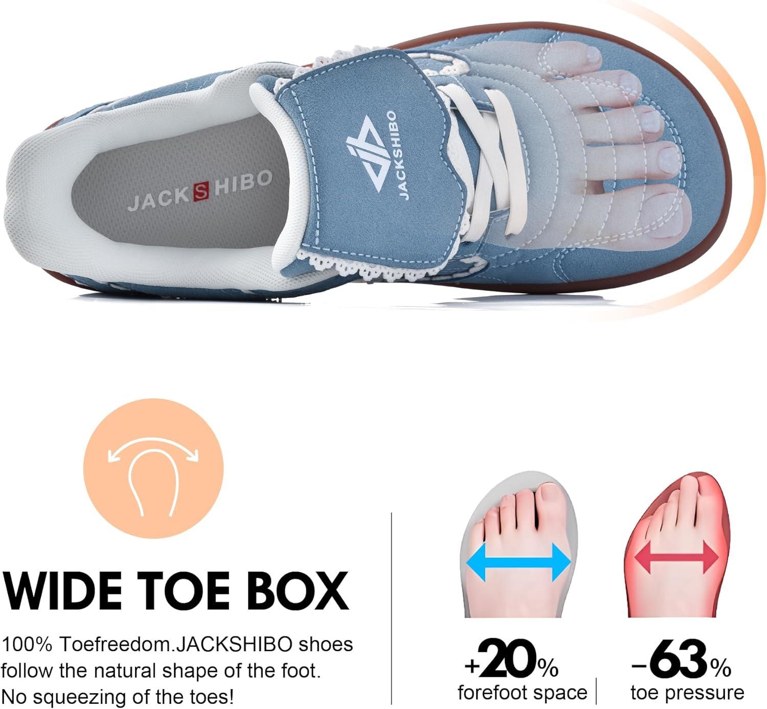 JACKSHIBO Barefoot Shoes Slip in Women Hands Free Wide Toe Box Slip on Ribbon Long Tongue Arch Support Walking Tennis Lace Sneakers for Plantar Fasciitis Orthopedic Zero Drop Gum Sole Minimalist Shoe(Slip on Denimblue)