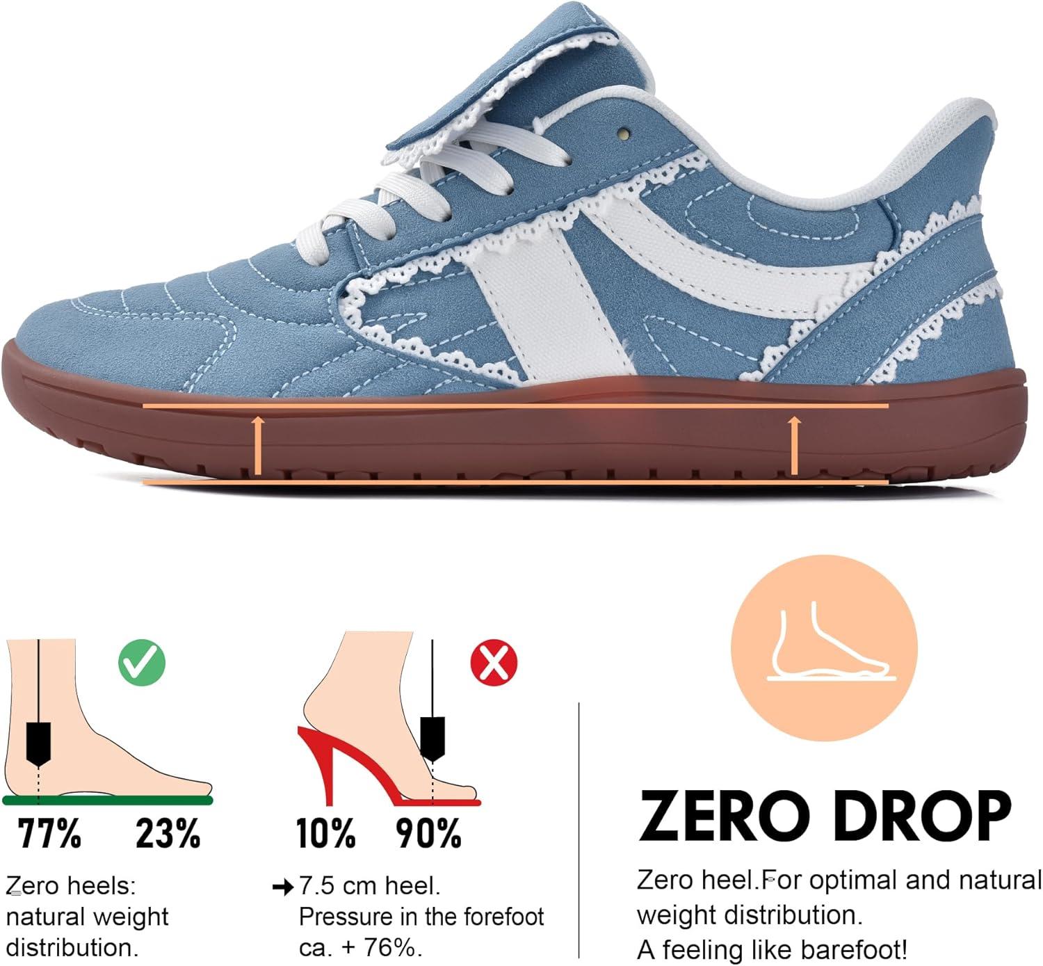JACKSHIBO Barefoot Shoes Slip in Women Hands Free Wide Toe Box Slip on Ribbon Long Tongue Arch Support Walking Tennis Lace Sneakers for Plantar Fasciitis Orthopedic Zero Drop Gum Sole Minimalist Shoe(Slip on Denimblue)