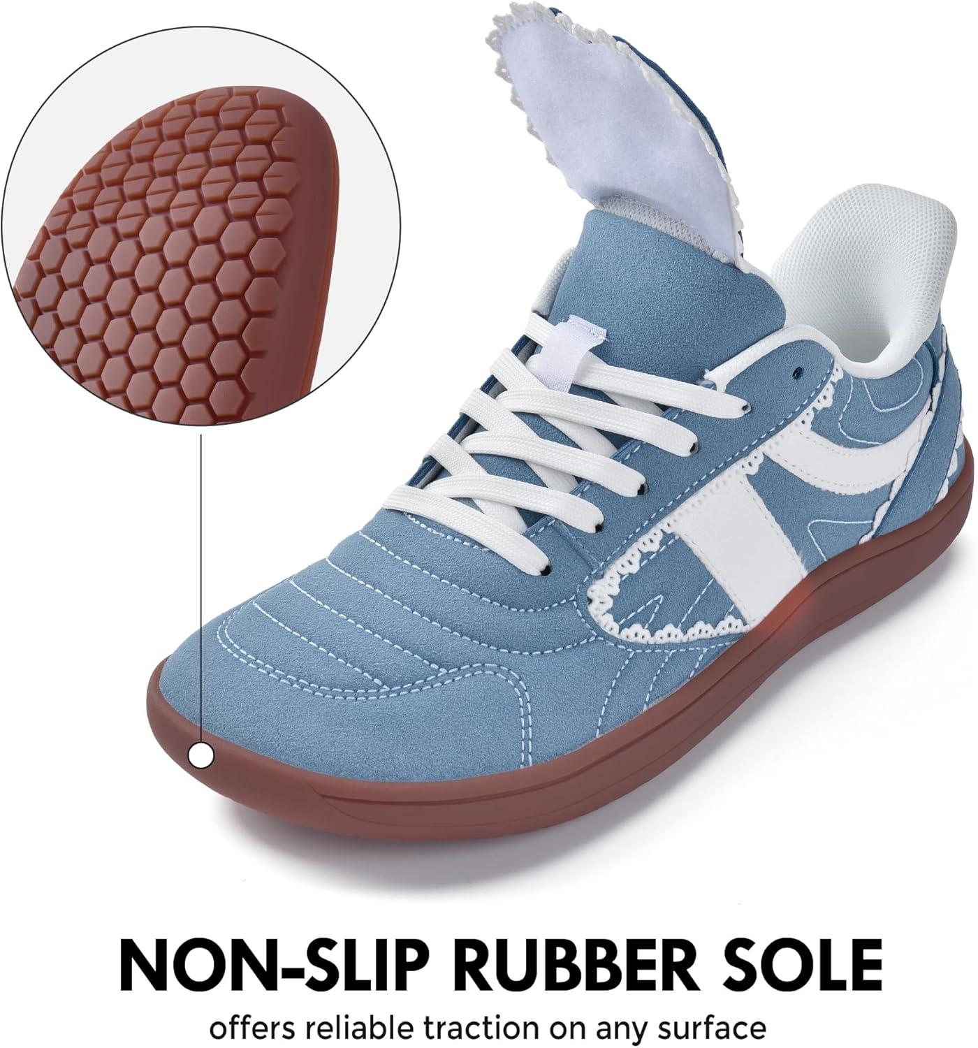 JACKSHIBO Barefoot Shoes Slip in Women Hands Free Wide Toe Box Slip on Ribbon Long Tongue Arch Support Walking Tennis Lace Sneakers for Plantar Fasciitis Orthopedic Zero Drop Gum Sole Minimalist Shoe(Slip on Denimblue)