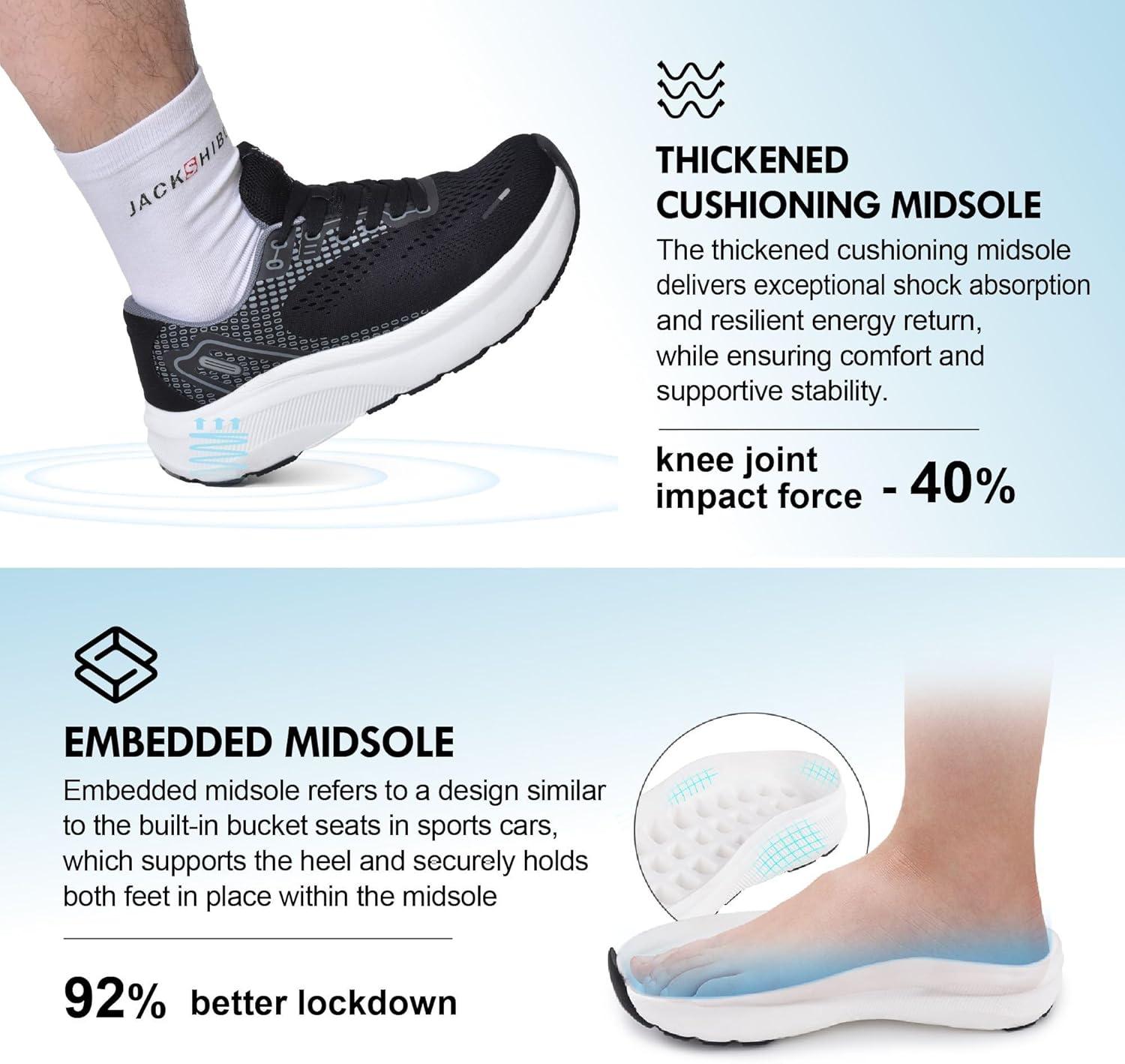 JACKSHIBO Wide Toe Box Shoes for Men Arch Support Shoes Wide Width Sneakers for Running Walking Athletic Tennis Orthopedic Plantar Fasciitis Workout with Thick Cushioned Zero Drop Sole(Black/White)