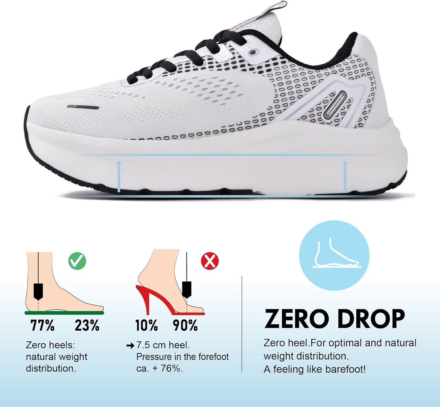 JACKSHIBO Wide Toe Box Shoes Women Arch Support Wide Sneakers for Running Walking Athletic Tennis Orthopedic Plantar Fasciitis Workout with Thick Cushion Zero Drop Sole Width Shoes(White)