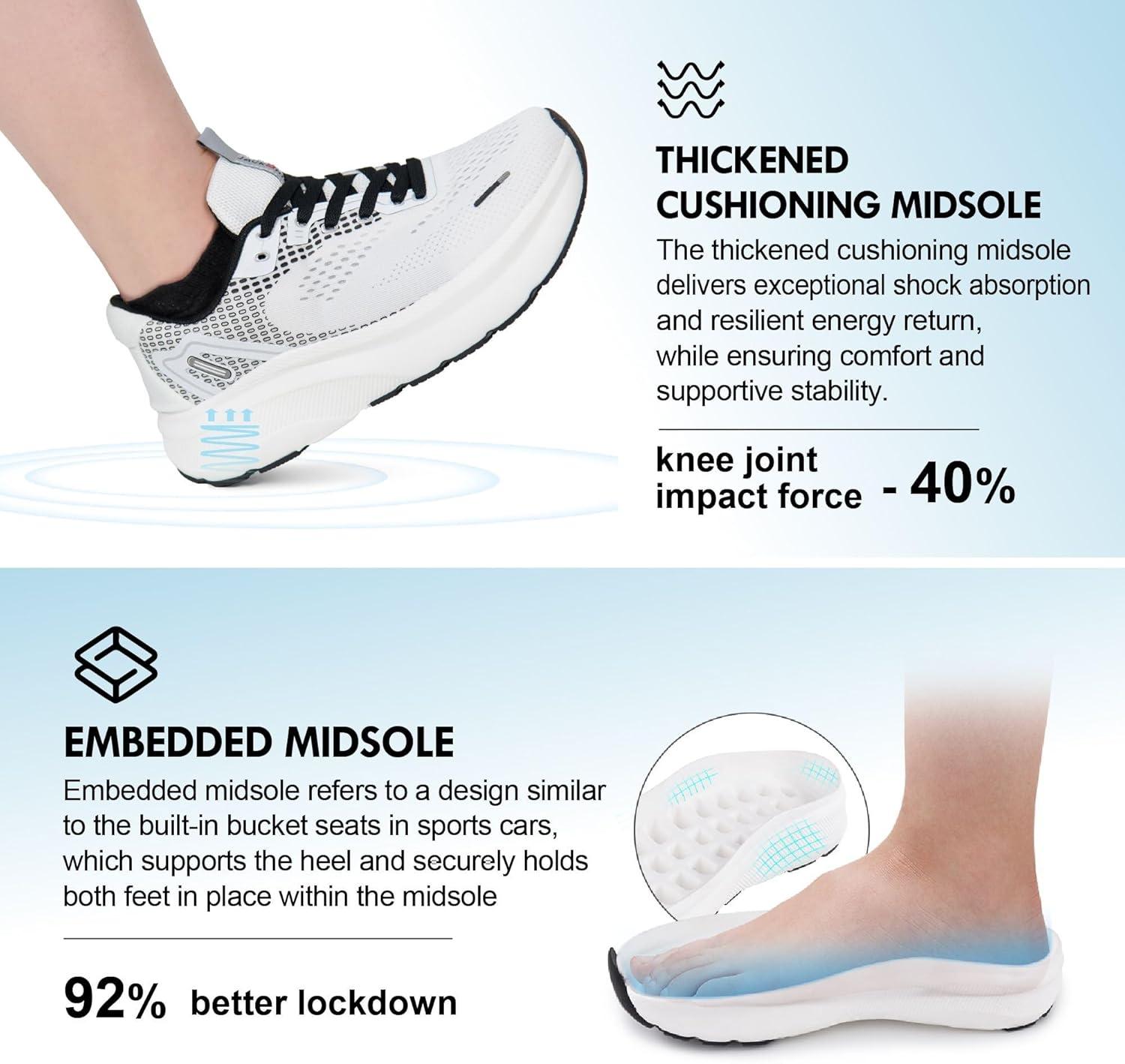 JACKSHIBO Wide Toe Box Shoes Women Arch Support Wide Sneakers for Running Walking Athletic Tennis Orthopedic Plantar Fasciitis Workout with Thick Cushion Zero Drop Sole Width Shoes(White)