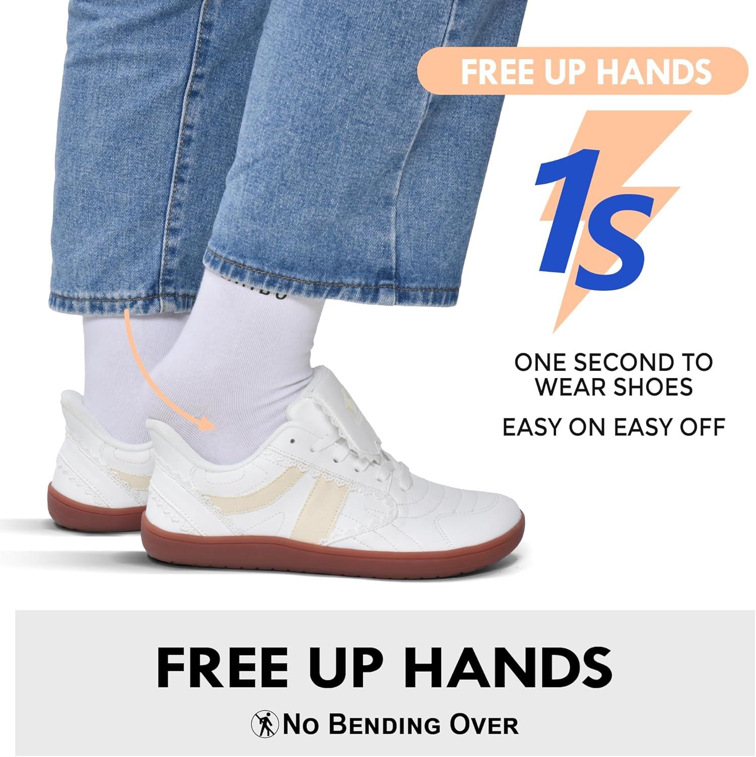 JACKSHIBO Barefoot Shoes Slip in Women Hands Free Wide Toe Box Slip on Ribbon Long Tongue Arch Support Walking Tennis Lace Sneakers for Plantar Fasciitis Orthopedic Zero Drop Gum Sole Minimalist Shoe(Slip on White)