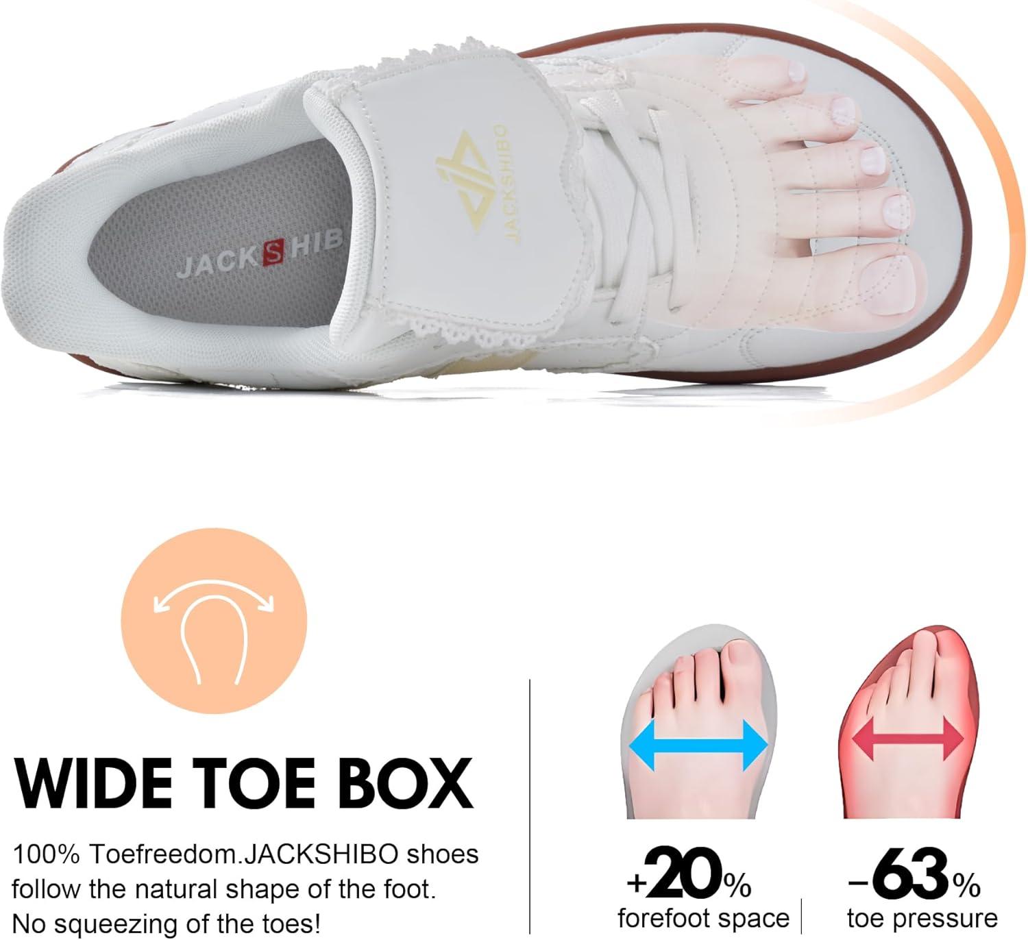 JACKSHIBO Barefoot Shoes Slip in Women Hands Free Wide Toe Box Slip on Ribbon Long Tongue Arch Support Walking Tennis Lace Sneakers for Plantar Fasciitis Orthopedic Zero Drop Gum Sole Minimalist Shoe(Slip on White)