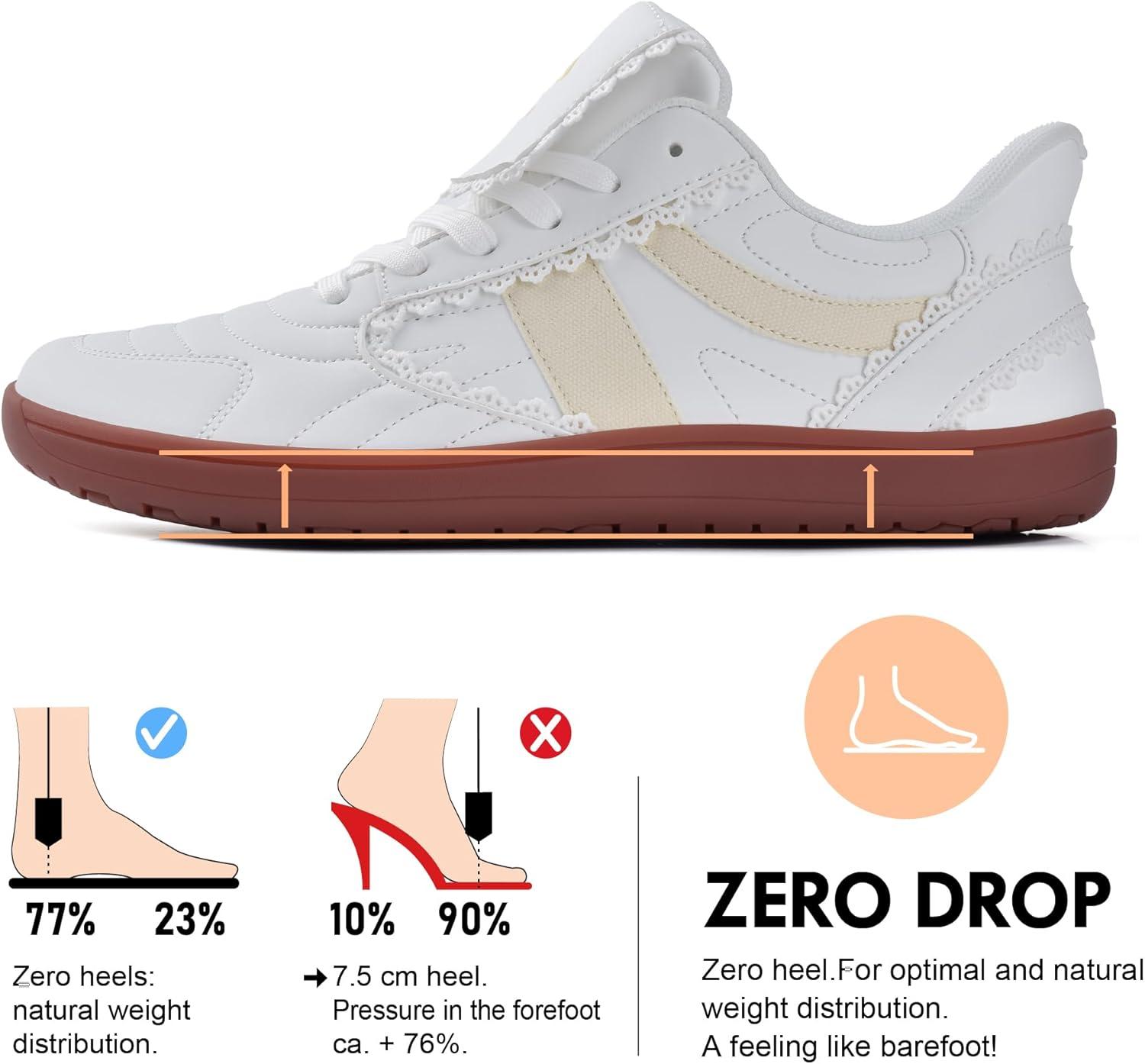 JACKSHIBO Barefoot Shoes Slip in Women Hands Free Wide Toe Box Slip on Ribbon Long Tongue Arch Support Walking Tennis Lace Sneakers for Plantar Fasciitis Orthopedic Zero Drop Gum Sole Minimalist Shoe(Slip on White)