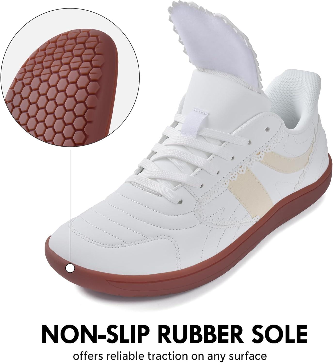 JACKSHIBO Barefoot Shoes Slip in Women Hands Free Wide Toe Box Slip on Ribbon Long Tongue Arch Support Walking Tennis Lace Sneakers for Plantar Fasciitis Orthopedic Zero Drop Gum Sole Minimalist Shoe(Slip on White)