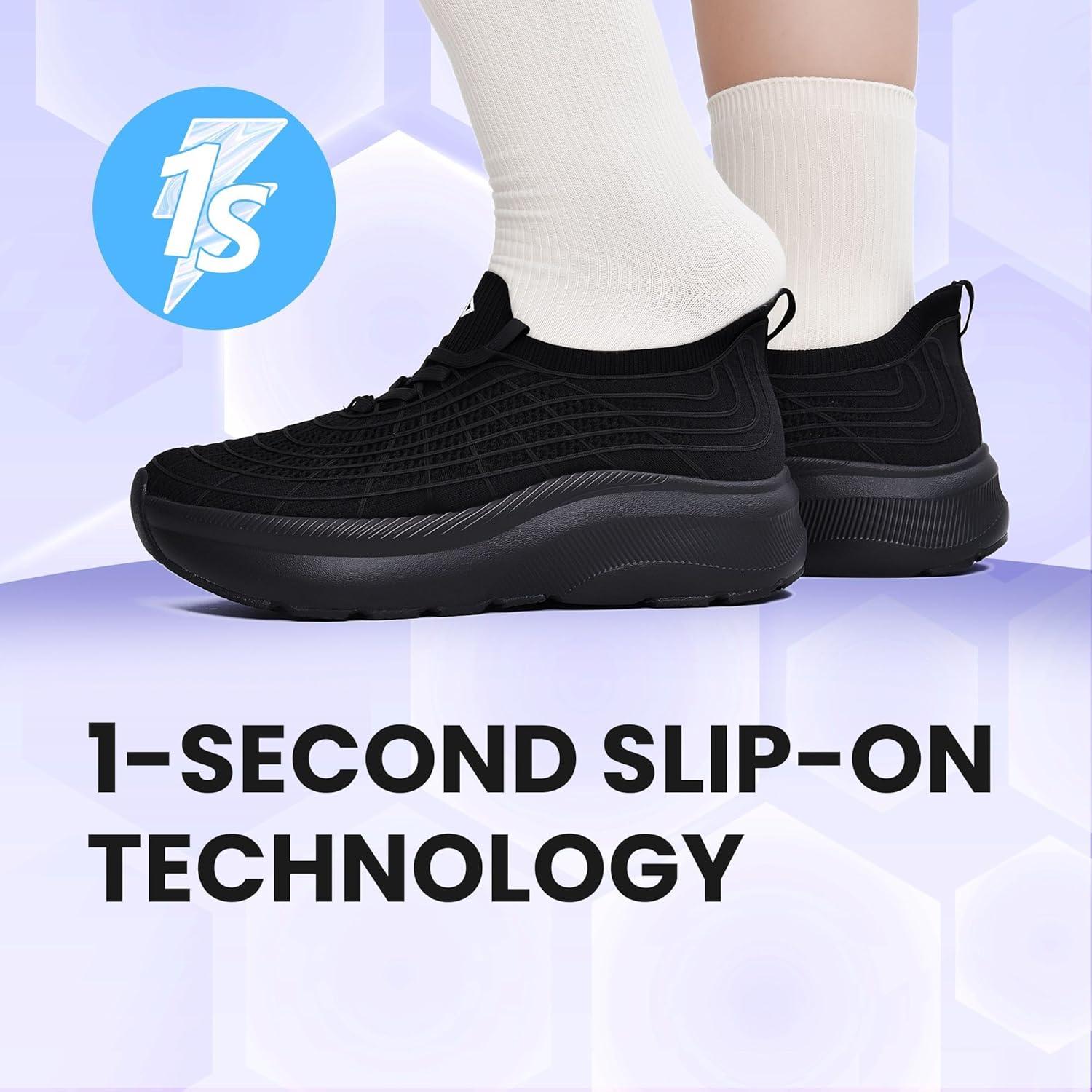 JACKSHIBO Wide Toe Box Shoes Women Slip on Sneakers Slip in Arch Support Plantar Fasciitis Orthopedic for Walking Tennis Athletic Cushion Thick Sole Zero Drop Hands Free Shoes with Metatarsal Pads(Wide Toe Box Black)