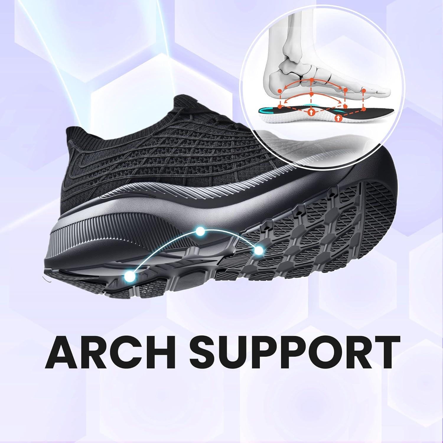 JACKSHIBO Wide Toe Box Shoes Women Slip on Sneakers Slip in Arch Support Plantar Fasciitis Orthopedic for Walking Tennis Athletic Cushion Thick Sole Zero Drop Hands Free Shoes with Metatarsal Pads(Wide Toe Box Black)