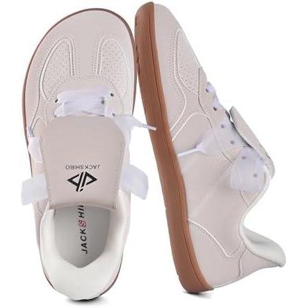 JACKSHIBO Barefoot Shoes Women Wide Toe Box Slip in Zero Drop Arch Support Sneakers Slip on Walking Tennis Minimalist Orthopedic Plantar Fasciitis Shoe with Metatarsal Pads and Detachable Flip Tongue(Wide Toe Box Beige)