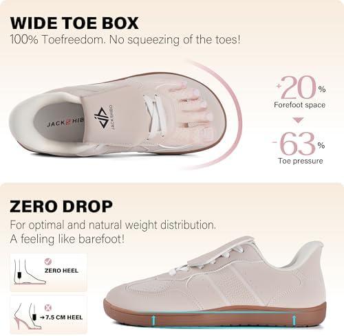 JACKSHIBO Barefoot Shoes Women Wide Toe Box Slip in Zero Drop Arch Support Sneakers Slip on Walking Tennis Minimalist Orthopedic Plantar Fasciitis Shoe with Metatarsal Pads and Detachable Flip Tongue(Wide Toe Box Beige)