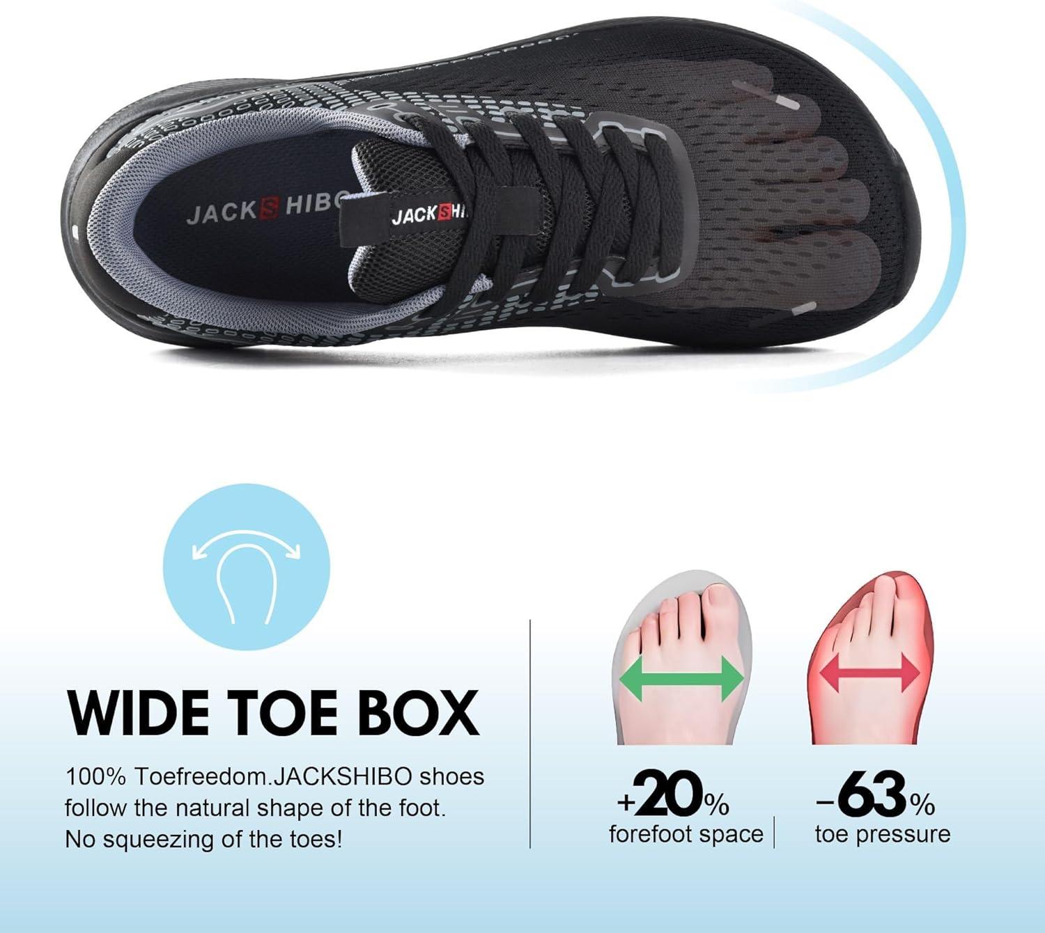JACKSHIBO Wide Toe Box Shoes for Men Arch Support Shoes Wide Width Sneakers for Running Walking Athletic Tennis Orthopedic Plantar Fasciitis Workout with Thick Cushioned Zero Drop Sole(Black)