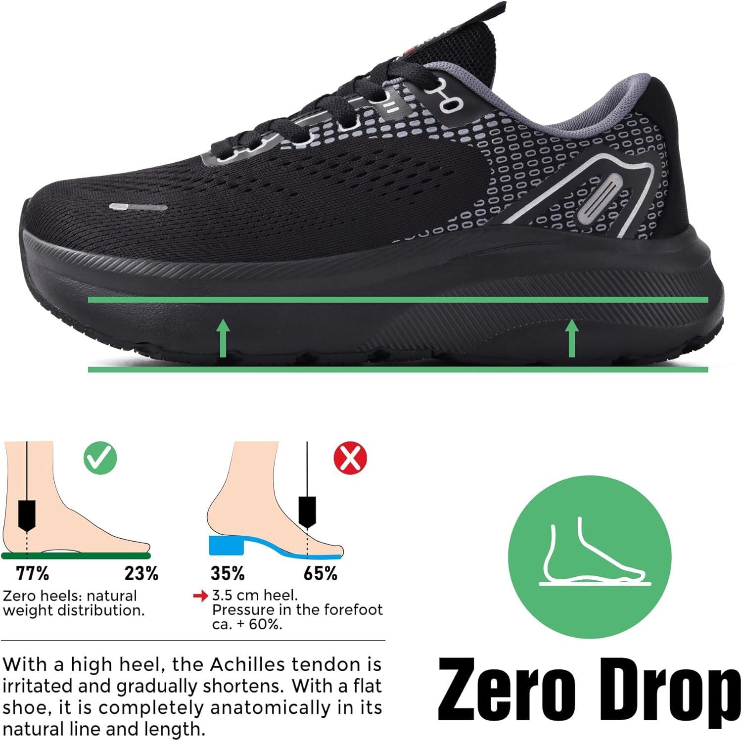 JACKSHIBO Wide Toe Box Shoes for Men Arch Support Shoes Wide Width Sneakers for Running Walking Athletic Tennis Orthopedic Plantar Fasciitis Workout with Thick Cushioned Zero Drop Sole(Black)