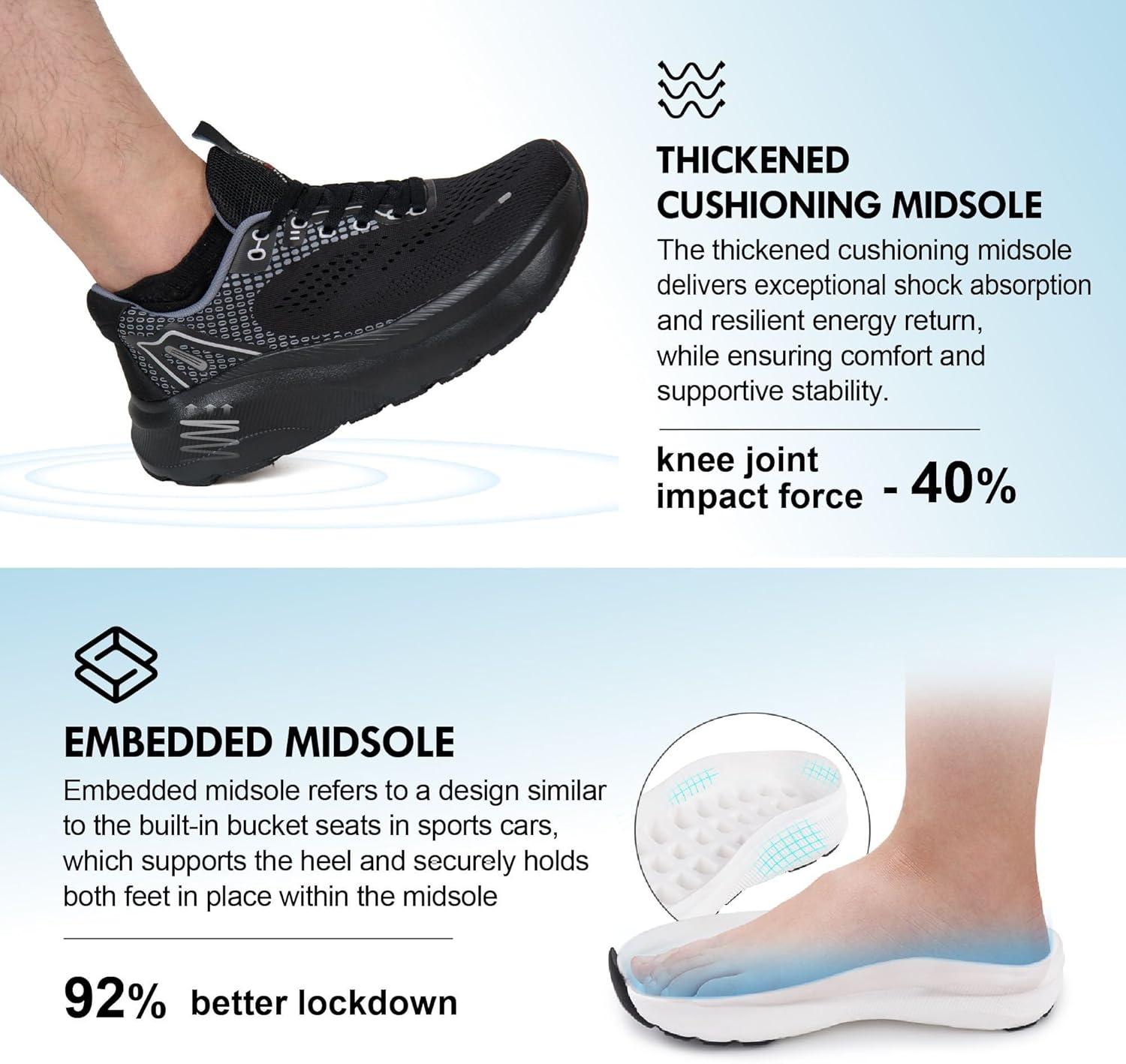 JACKSHIBO Wide Toe Box Shoes for Men Arch Support Shoes Wide Width Sneakers for Running Walking Athletic Tennis Orthopedic Plantar Fasciitis Workout with Thick Cushioned Zero Drop Sole(Black)