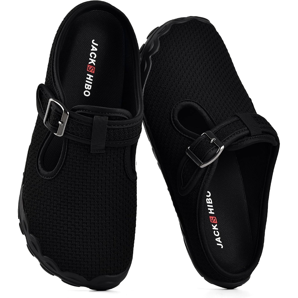 JACKSHIBO Women’s Mesh Mule Clogs Wide Toe Box Arch Support Slippers | Slip on, Closed Toe, Zero Drop, Plantar Fasciitis Orthopedic, Adjustable Buckle, Metatarsal Pads, Indoor Outdoor Backless(Slip on Black)