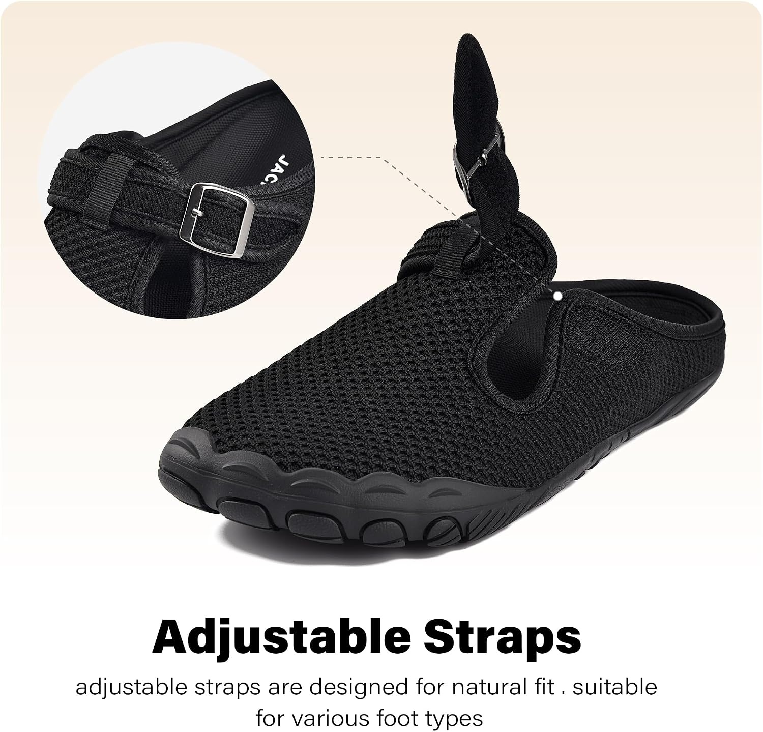 JACKSHIBO Women’s Mesh Mule Clogs Wide Toe Box Arch Support Slippers | Slip on, Closed Toe, Zero Drop, Plantar Fasciitis Orthopedic, Adjustable Buckle, Metatarsal Pads, Indoor Outdoor Backless(Slip on Black)