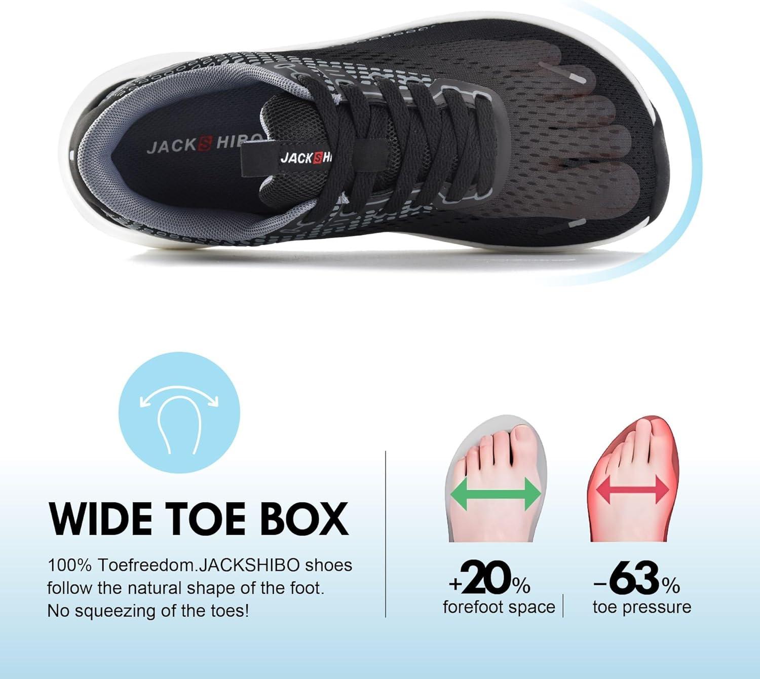 JACKSHIBO Wide Toe Box Shoes Women Arch Support Wide Sneakers for Running Walking Athletic Tennis Orthopedic Plantar Fasciitis Workout with Thick Cushion Zero Drop Sole Width Shoes(Black/White)