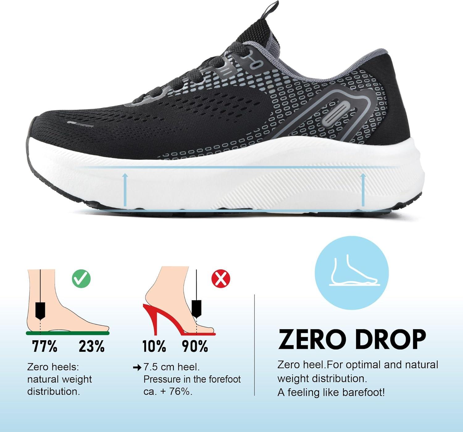 JACKSHIBO Wide Toe Box Shoes Women Arch Support Wide Sneakers for Running Walking Athletic Tennis Orthopedic Plantar Fasciitis Workout with Thick Cushion Zero Drop Sole Width Shoes(Black/White)