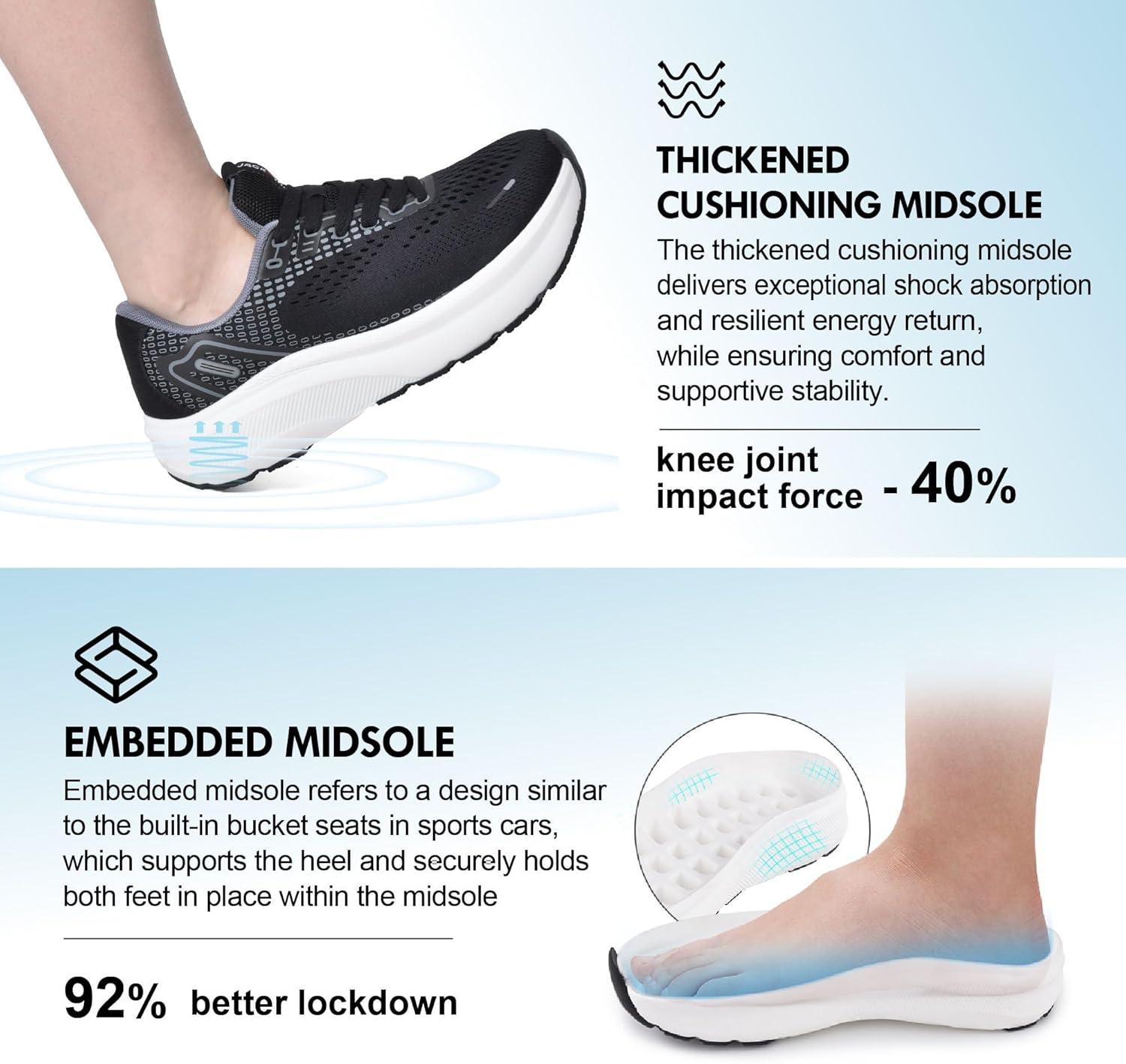 JACKSHIBO Wide Toe Box Shoes Women Arch Support Wide Sneakers for Running Walking Athletic Tennis Orthopedic Plantar Fasciitis Workout with Thick Cushion Zero Drop Sole Width Shoes(Black/White)