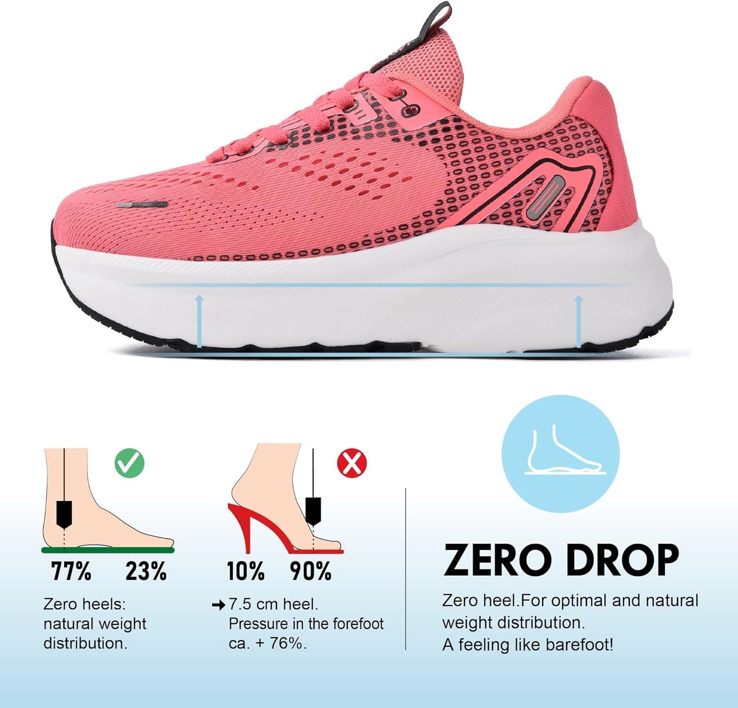 JACKSHIBO Wide Toe Box Shoes Women Arch Support Wide Sneakers for Running Walking Athletic Tennis Orthopedic Plantar Fasciitis Workout with Thick Cushion Zero Drop Sole Width Shoes(Rose Red)