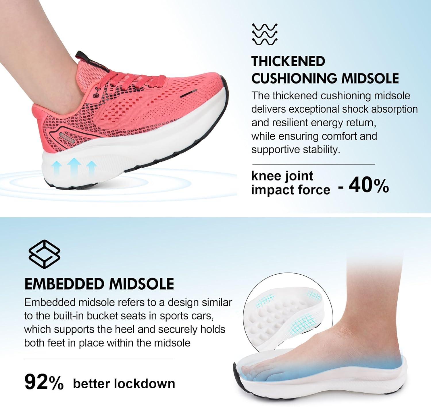 JACKSHIBO Wide Toe Box Shoes Women Arch Support Wide Sneakers for Running Walking Athletic Tennis Orthopedic Plantar Fasciitis Workout with Thick Cushion Zero Drop Sole Width Shoes(Rose Red)