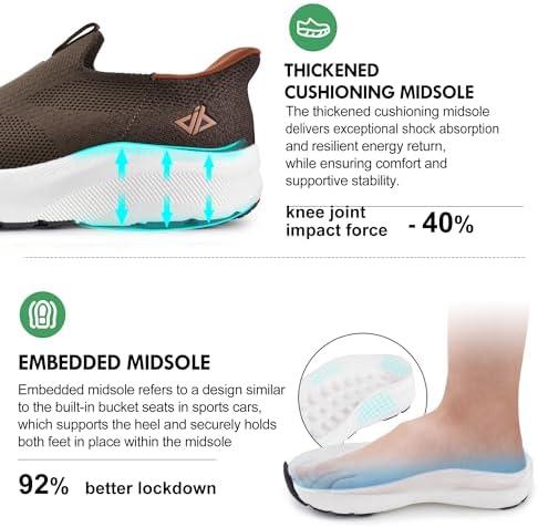 JACKSHIBO Mens Slip in Free up Hands Shoes Wide Toe Box Arch Support Orthopedic Walking Sneakers Cushioned Thick Zero Drop Sole Metatarsal Pads(Slip On-brown)