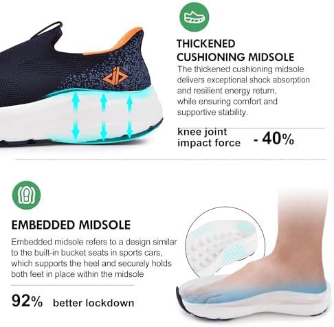 JACKSHIBO Mens Slip in Free up Hands Shoes Wide Toe Box Arch Support Orthopedic Walking Sneakers Cushioned Thick Zero Drop Sole Metatarsal Pads(Slip On-blue)