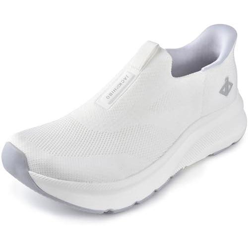 JACKSHIBO Mens Slip in Free up Hands Shoes Wide Toe Box Arch Support Orthopedic Walking Sneakers Cushioned Thick Zero Drop Sole Metatarsal Pads(Slip On-white)