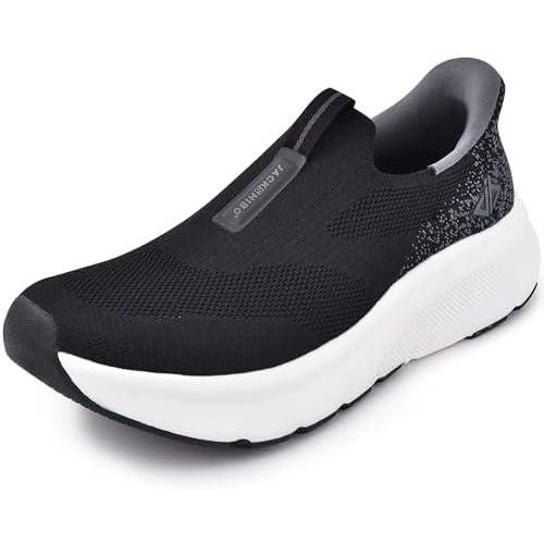 JACKSHIBO Mens Slip in Free up Hands Shoes Wide Toe Box Arch Support Orthopedic Walking Sneakers Cushioned Thick Zero Drop Sole Metatarsal Pads(Slip On-black White)
