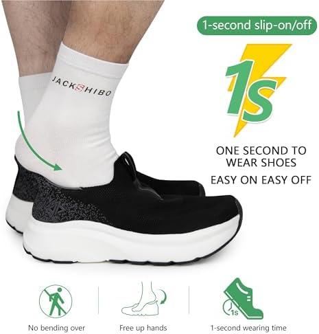 JACKSHIBO Mens Slip in Free up Hands Shoes Wide Toe Box Arch Support Orthopedic Walking Sneakers Cushioned Thick Zero Drop Sole Metatarsal Pads(Slip On-black White)