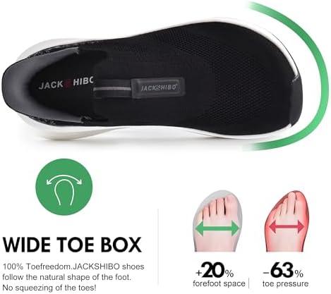 JACKSHIBO Mens Slip in Free up Hands Shoes Wide Toe Box Arch Support Orthopedic Walking Sneakers Cushioned Thick Zero Drop Sole Metatarsal Pads(Slip On-black White)