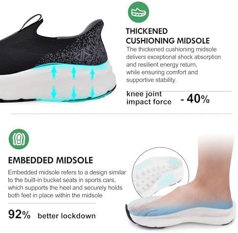 JACKSHIBO Mens Slip in Free up Hands Shoes Wide Toe Box Arch Support Orthopedic Walking Sneakers Cushioned Thick Zero Drop Sole Metatarsal Pads(Slip On-black White)
