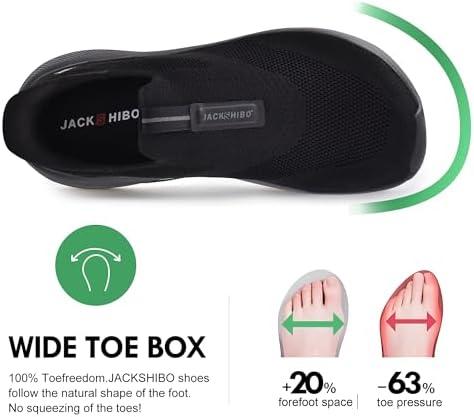 JACKSHIBO Mens Slip in Free up Hands Shoes Wide Toe Box Arch Support Orthopedic Walking Sneakers Cushioned Thick Zero Drop Sole Metatarsal Pads(Slip On-black)