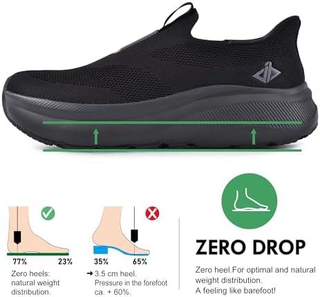 JACKSHIBO Mens Slip in Free up Hands Shoes Wide Toe Box Arch Support Orthopedic Walking Sneakers Cushioned Thick Zero Drop Sole Metatarsal Pads(Slip On-black)