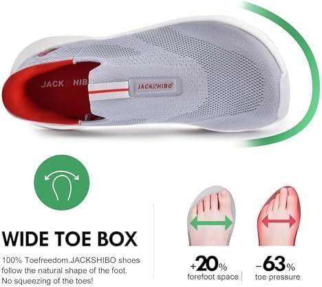 JACKSHIBO Mens Slip in Free up Hands Shoes Wide Toe Box Arch Support Orthopedic Walking Sneakers Cushioned Thick Zero Drop Sole Metatarsal Pads(Slip On-grey)