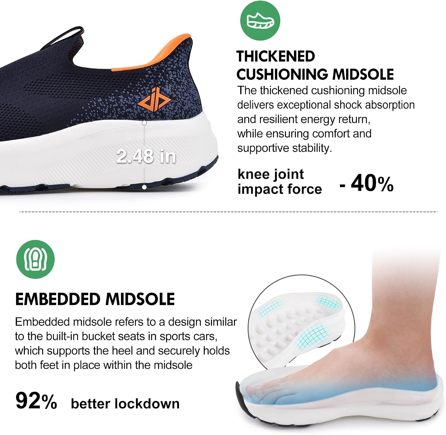 Men Slip in Free up Hands Shoe Wide Toe Box Arch Support Orthopedic Walking(Slip On-blue)