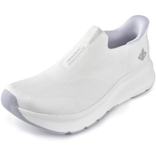 Men Slip in Free up Hands Shoe Wide Toe Box Arch Support Orthopedic Walking(Slip On-white)