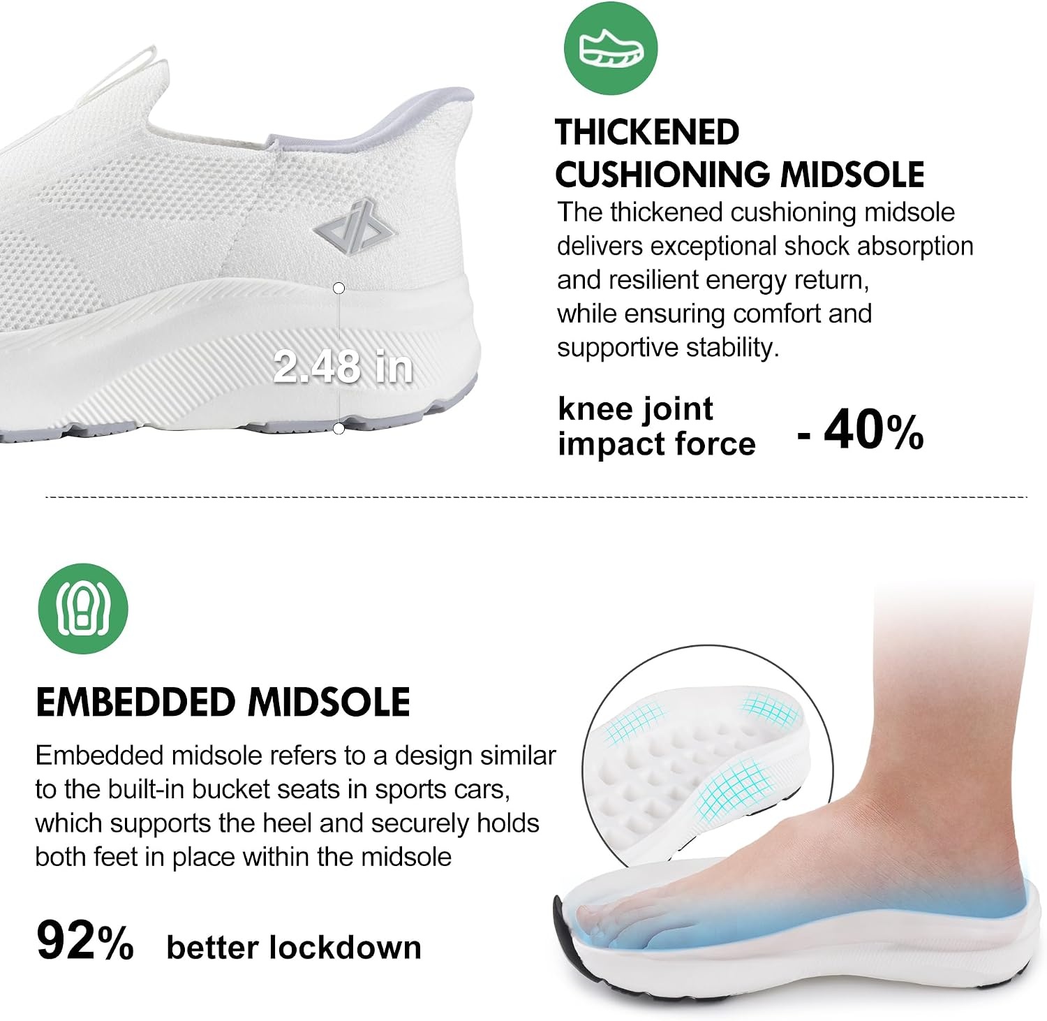 Men Slip in Free up Hands Shoe Wide Toe Box Arch Support Orthopedic Walking(Slip On-white)