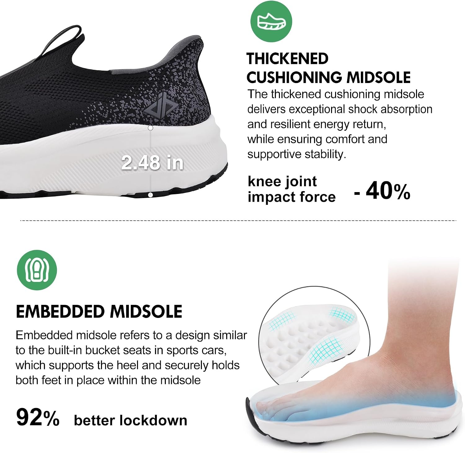 Men Slip in Free up Hands Shoe Wide Toe Box Arch Support Orthopedic Walking(Slip On-black White)