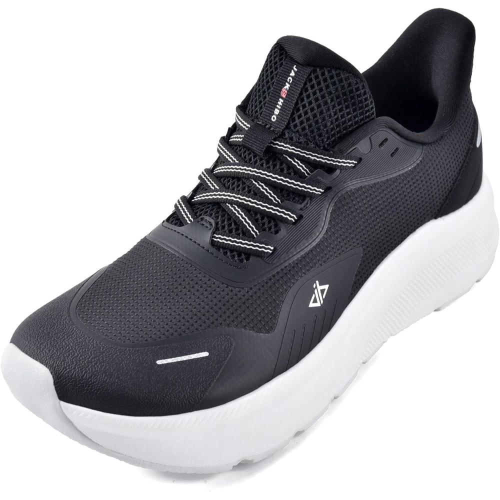 JACKSHIBO Slip in Men Hands Free Shoes Wide Toe Box Slip On Walking Running Tennis Athletic Sneakers Arch Support Plantar Fasciitis Orthopedic Shoes with Metatarsal Pads Cushion Thick Zero Drop Sole(Black/White)