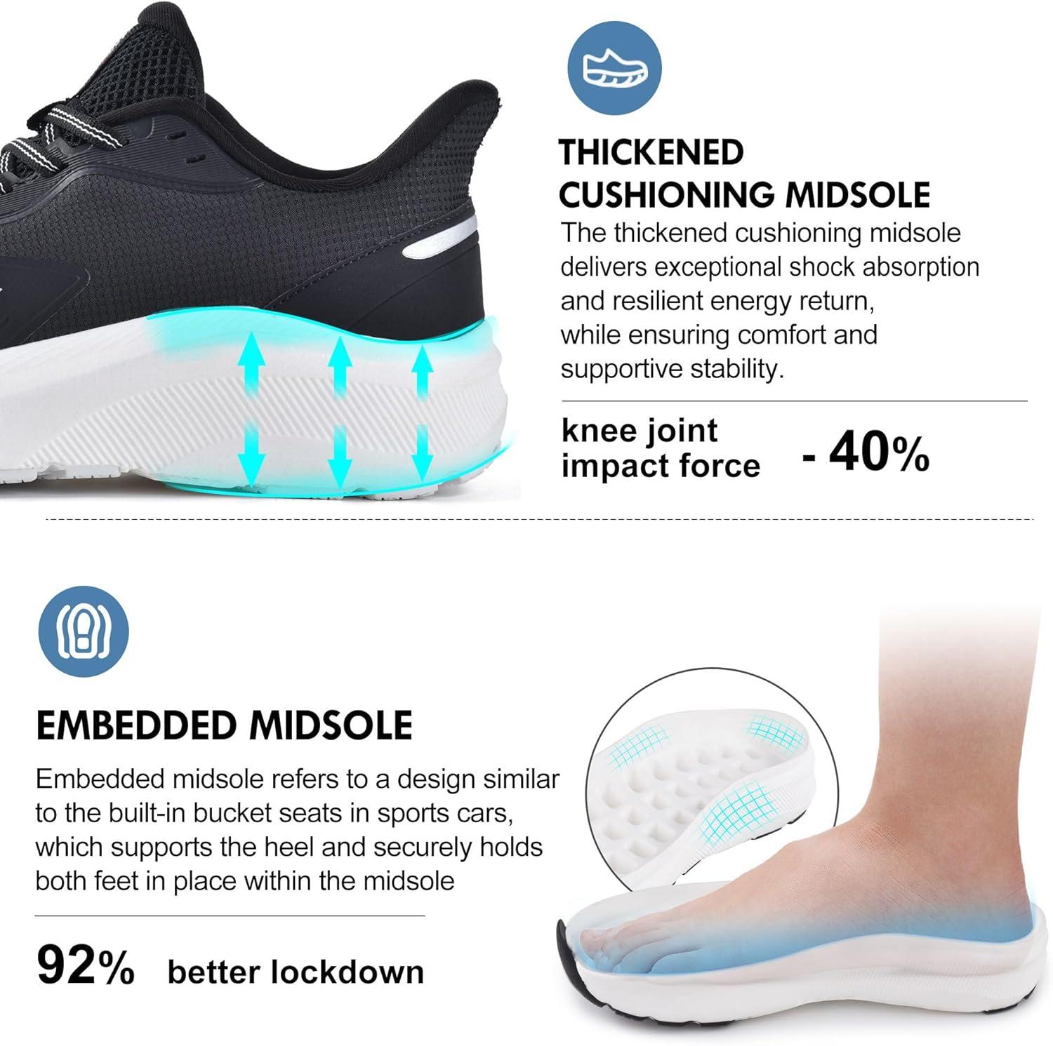 JACKSHIBO Slip in Men Hands Free Shoes Wide Toe Box Slip On Walking Running Tennis Athletic Sneakers Arch Support Plantar Fasciitis Orthopedic Shoes with Metatarsal Pads Cushion Thick Zero Drop Sole(Black/White)