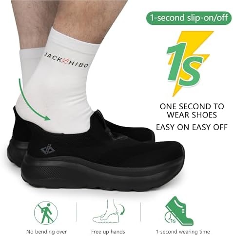 Men Slip in Free up Hands Shoe Wide Toe Box Arch Support Orthopedic Walking(Slip On-black)