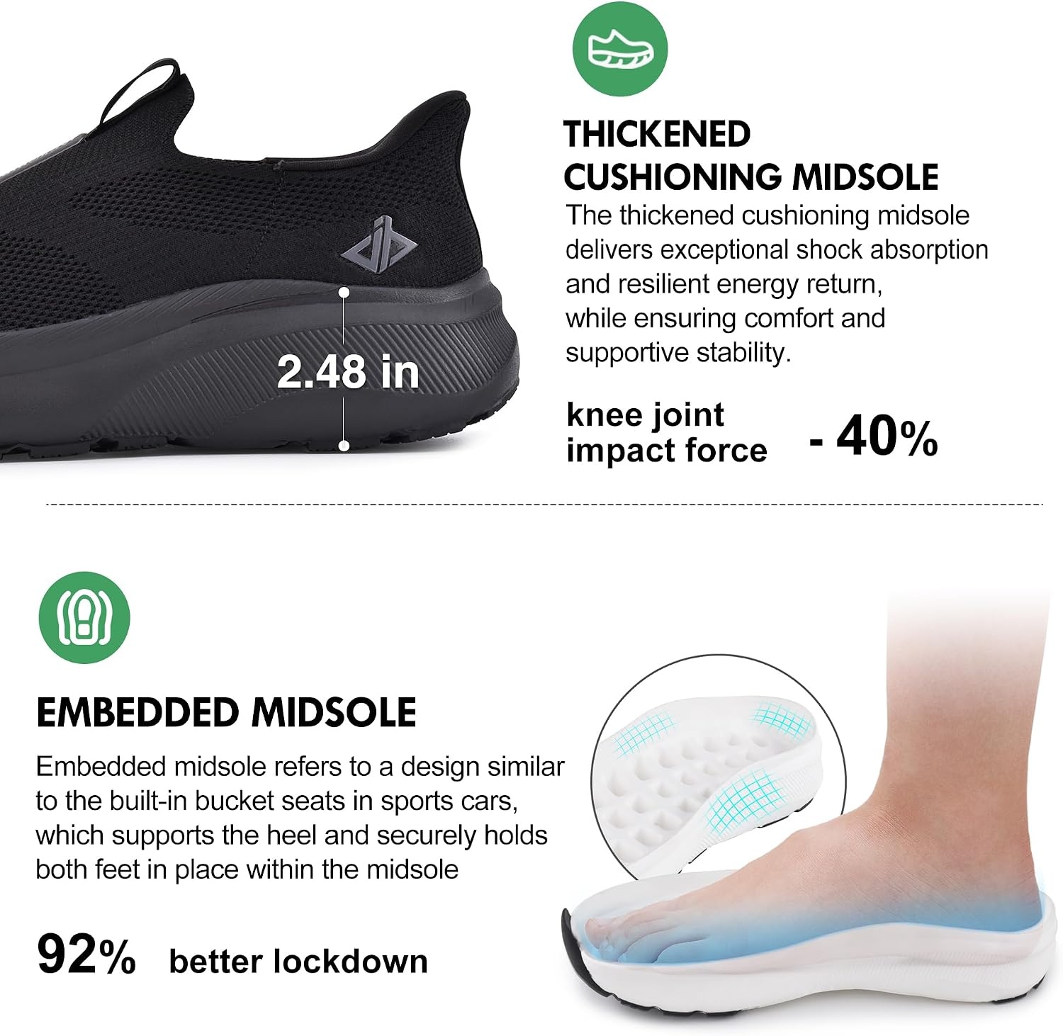 Men Slip in Free up Hands Shoe Wide Toe Box Arch Support Orthopedic Walking(Slip On-black)
