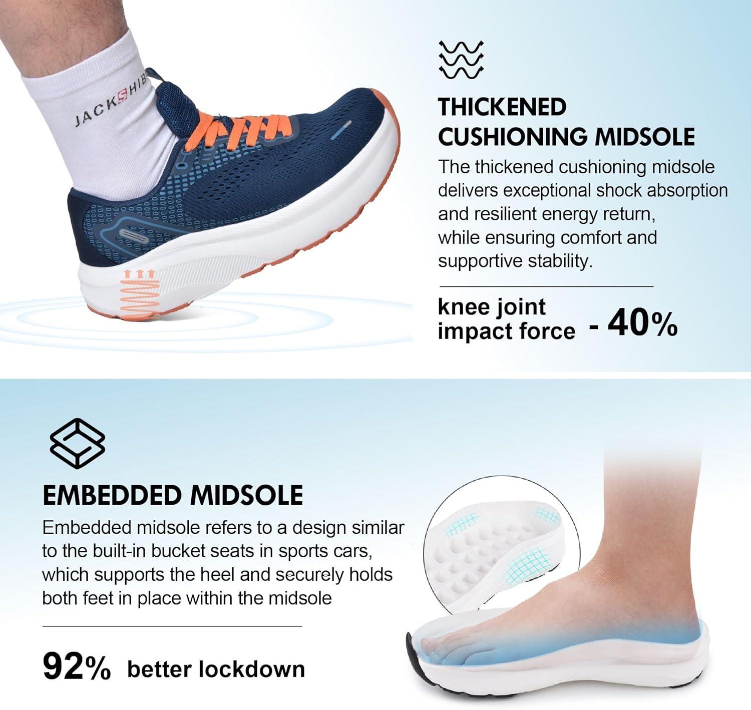 JACKSHIBO Wide Toe Box Shoes for Men Arch Support Shoes Wide Width Sneakers for Running Walking Athletic Tennis Orthopedic Plantar Fasciitis Workout with Thick Cushioned Zero Drop Sole(Navyblue)