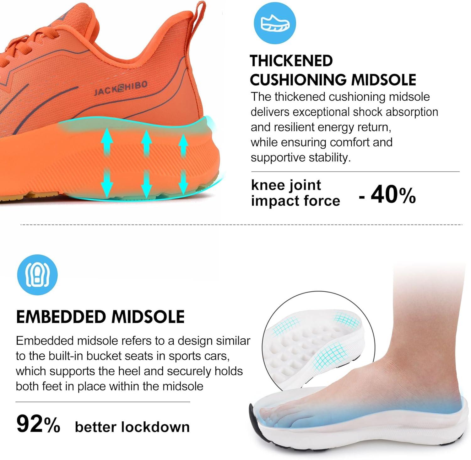 JACKSHIBO Slip in Men Hands Free Wide Toe Box Shoes Slip on Arch Support Wide Sneakers for Running Walking Tennis Athletic Plantar Fasciitis Orthopedic Shoe Zero Drop Cushion Thick Sole Width Shoes(Orange)