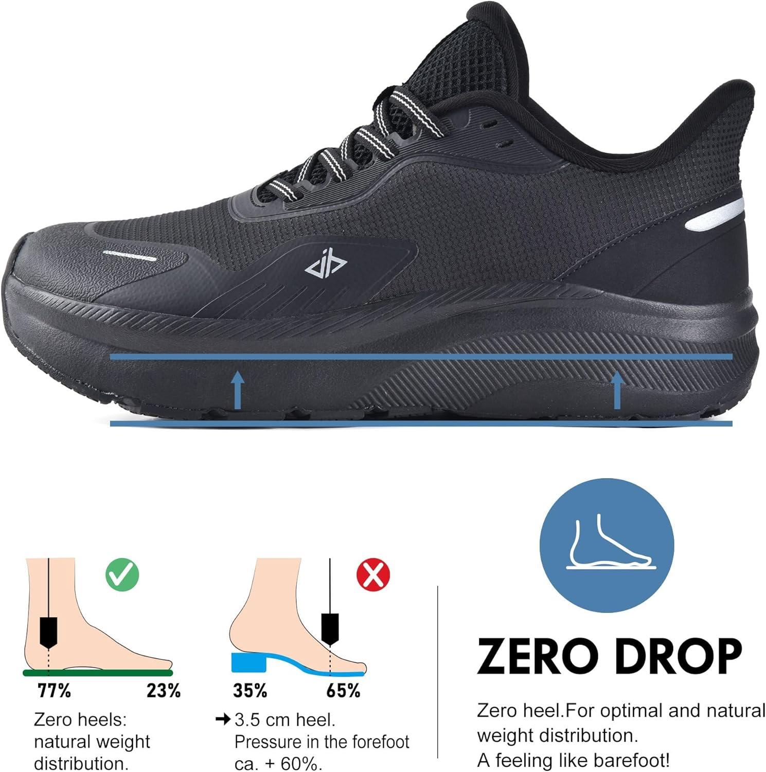JACKSHIBO Slip in Men Hands Free Shoes Wide Toe Box Slip On Walking Running Tennis Athletic Sneakers Arch Support Plantar Fasciitis Orthopedic Shoes with Metatarsal Pads Cushion Thick Zero Drop Sole(Black)