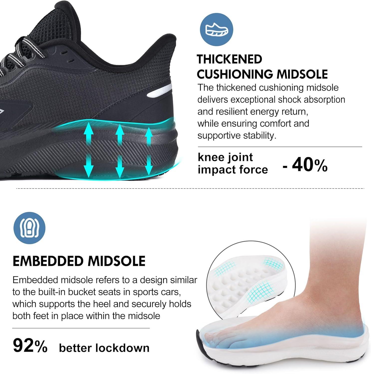 JACKSHIBO Slip in Men Hands Free Shoes Wide Toe Box Slip On Walking Running Tennis Athletic Sneakers Arch Support Plantar Fasciitis Orthopedic Shoes with Metatarsal Pads Cushion Thick Zero Drop Sole(Black)