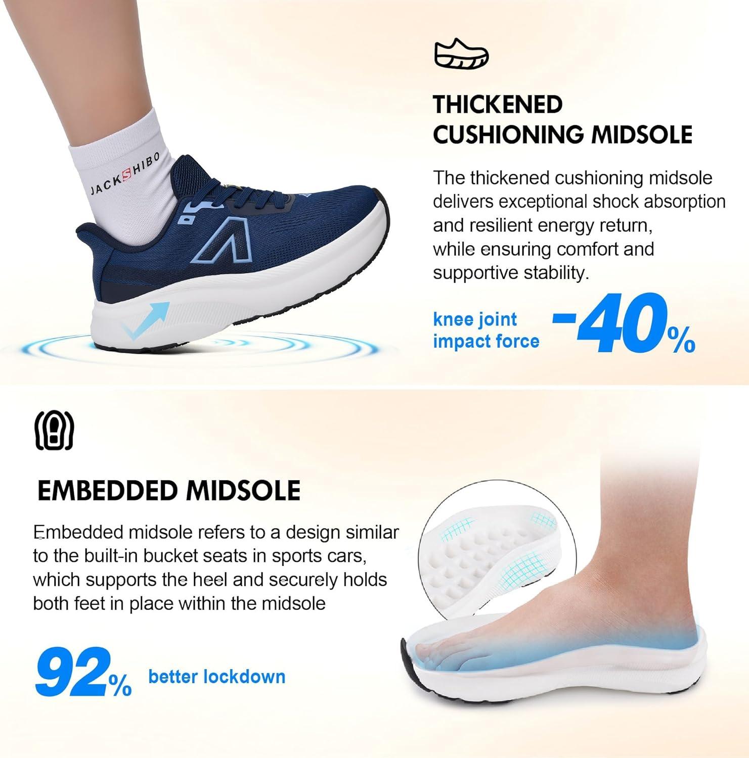 JACKSHIBO Slip in Men Hands Free Wide Toe Box Shoes Slip on Trail Running Walking Tennis Athletic Sneakers Width Arch Support Plantar Fasciitis Orthopedic Shoes with Cushion Thick Zero Drop Sole(Wide Toe Box Navyblue)