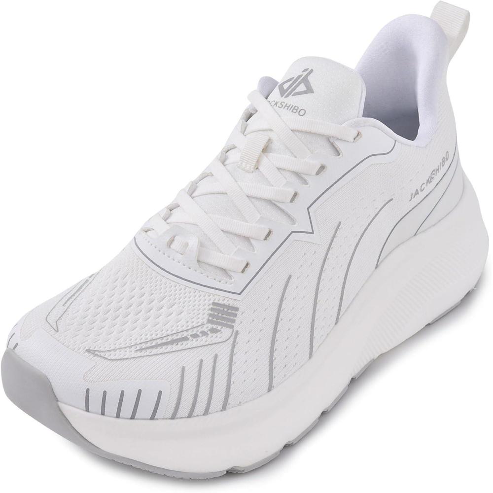 JACKSHIBO Slip in Men Hands Free Wide Toe Box Shoes Slip on Arch Support Wide Sneakers for Running Walking Tennis Athletic Plantar Fasciitis Orthopedic Shoe Zero Drop Cushion Thick Sole Width Shoes(White)