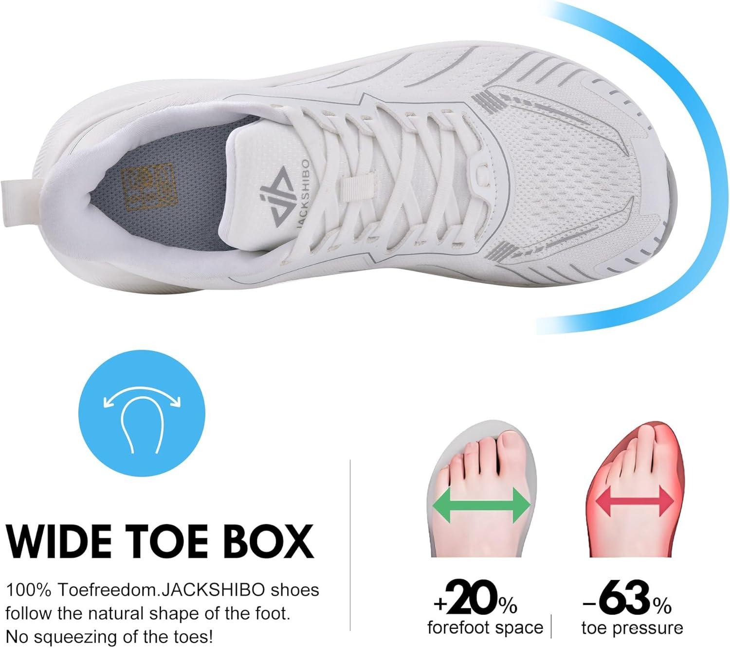 JACKSHIBO Slip in Men Hands Free Wide Toe Box Shoes Slip on Arch Support Wide Sneakers for Running Walking Tennis Athletic Plantar Fasciitis Orthopedic Shoe Zero Drop Cushion Thick Sole Width Shoes(White)