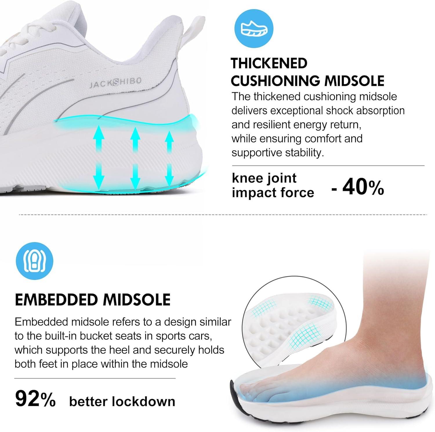JACKSHIBO Slip in Men Hands Free Wide Toe Box Shoes Slip on Arch Support Wide Sneakers for Running Walking Tennis Athletic Plantar Fasciitis Orthopedic Shoe Zero Drop Cushion Thick Sole Width Shoes(White)